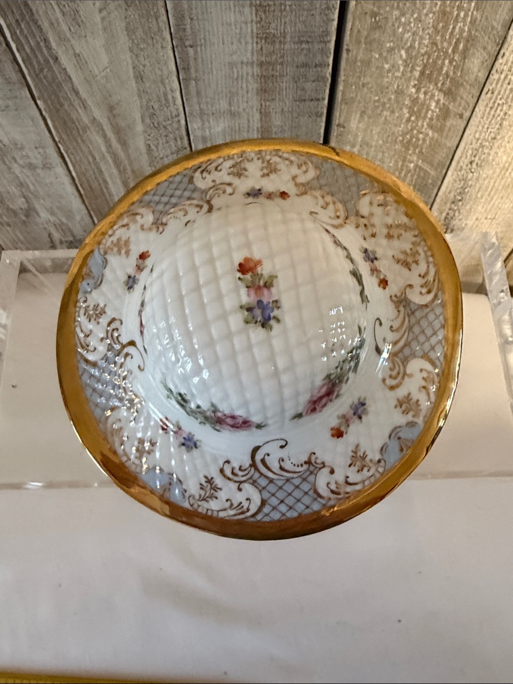 Limoges Style Gold-Trim Floral Ceramic Hat Trinket Box